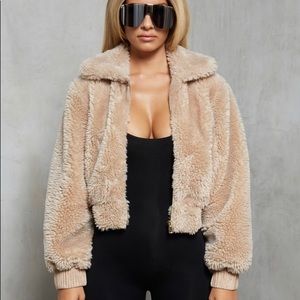 Oh Polly Beige Teddy Cropped Jacket